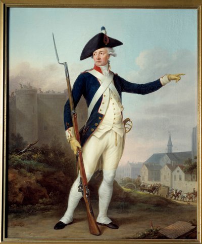 Französische Revolution: „Porträt en pied des Bürgers Nau Deville in Uniform der Nationalgarde (im Hintergrund der Abriss der Bastille) von Jean Francois Marie Bellier