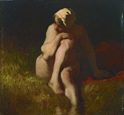 Nacktes Bauernmädchen an der Böschung eines Baches sitzend von Jean Francois Millet