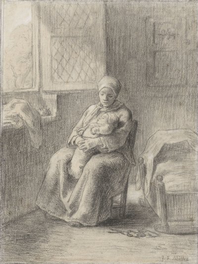 Sitzende Frau mit Baby am Fenster, ca. 1824-75 von Jean Francois Millet