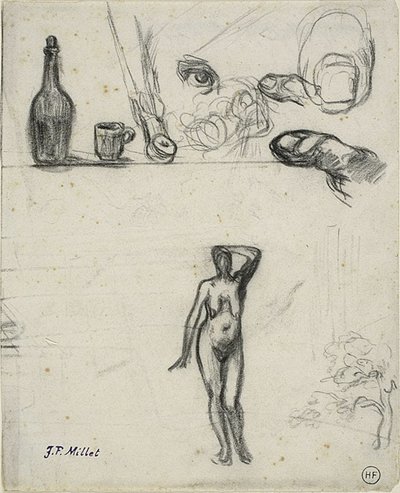 Blatt mit Skizzen: Stehender weiblicher Akt, Baum, Stillleben, Finger und Auge von Jean Francois Millet