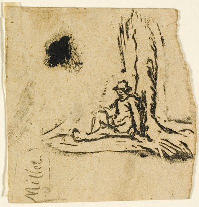 Skizzen, Fragment: Bauer sitzt am Fuß eines Baumes von Jean Francois Millet