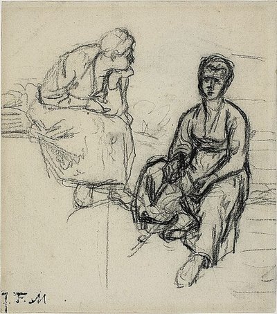 Zwei Studien einer sitzenden Bäuerin (recto); Studie eines jungen Mädchens mit Hut (verso) von Jean Francois Millet