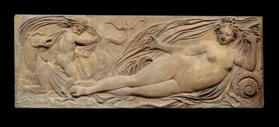 Nymphe und kleiner Genius reiten auf einem Meerespferd; Nymphe und Triton umgeben von zwei kleinen Genien. Flachrelief. Steinskulptur von Jean Goujon (1510-1567) von Jean Goujon