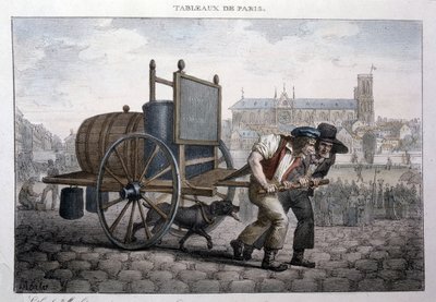 Ehemaliger Straßenberuf in Paris: Bad zu Hause (zwei Männer ziehen einen Wagen mit einem Fass voller Wasser). Gravur von Jean Henry Marlet (1771-1847) in „Les Tableaux de Paris“, Serie von 72 Drucken, späte 19. Jahrhundert. von Jean Henri Marlet