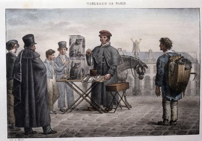 Ehemaliger Straßenberuf in Paris: der Rattentod-Händler (Camelot). Gravur von Jean Henry Marlet in „Les Tableaux de Paris“, Serie von 72 Drucken, Ende des 19. Jahrhunderts. von Jean Henri Marlet