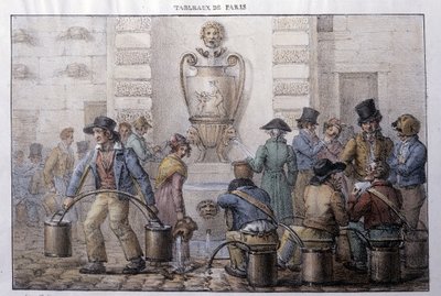 Ehemalige Straßenberufe in Paris: Wasserträger vor einem Brunnen. Gravur von Jean Henry Marlet (1771-1847) in „Les Tableaux de Paris“, Serie von 72 Drucken, späte 19. Jahrhundert von Jean Henri Marlet