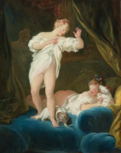 Zwei Mädchen auf einem Bett spielen mit ihren Hunden von Jean Honore Fragonard