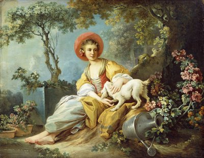 Eine junge Frau sitzt mit einem Hund und einer Gießkanne im Garten von Jean Honore Fragonard