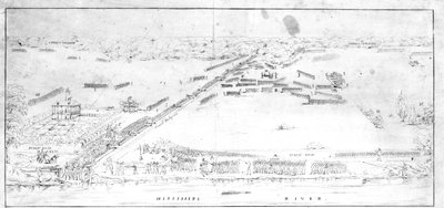 Ansicht der Schlacht bei Chalmettes Plantage, 8. Januar 1815 von Jean Hyacinthe Laclotte