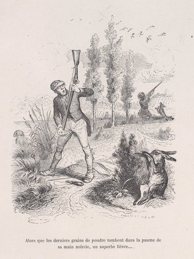 Als die letzten Körner Pulver in die Hand seiner geschwärzten Hand fallen, ein prächtiger Hase... von Jean Ignace Isidore Gérard