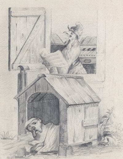 Hund im Hundehäuschen, Hahn singt am Fenster, ca. 1842 von Jean Ignace Isidore Gérard