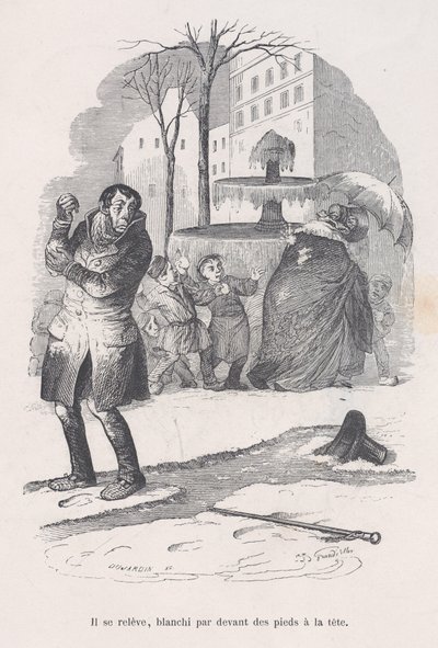 Er steht auf, von Kopf bis Fuß mit Schnee bedeckt. aus den kleinen Elendigkeiten des menschlichen Lebens, 1843 von Jean Ignace Isidore Gérard