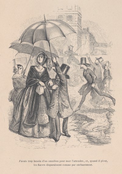 Ich brauchte dringend einen Omnibus, aber sobald es anfängt zu regnen, scheinen sie alle zu verschwinden..., 1843 von Jean Ignace Isidore Gérard