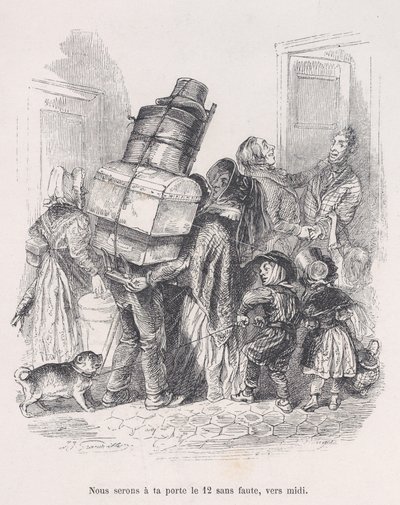 Wir werden pünktlich um Mittag an Ihrer Tür sein. aus Die kleinen Elendigkeiten des menschlichen Lebens, 1843 von Jean Ignace Isidore Gérard
