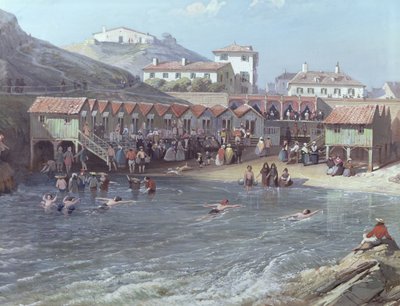 Der Beginn des Seeschwimmens im Alten Hafen von Biarritz, 1858 (Detail) von Jean Jacques Alban de Lesgallery