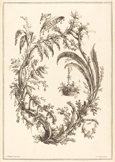 Ornament mit Sonnenschirm und Hängekorb von Jean Jacques Avril I after Jean Baptiste Pillement