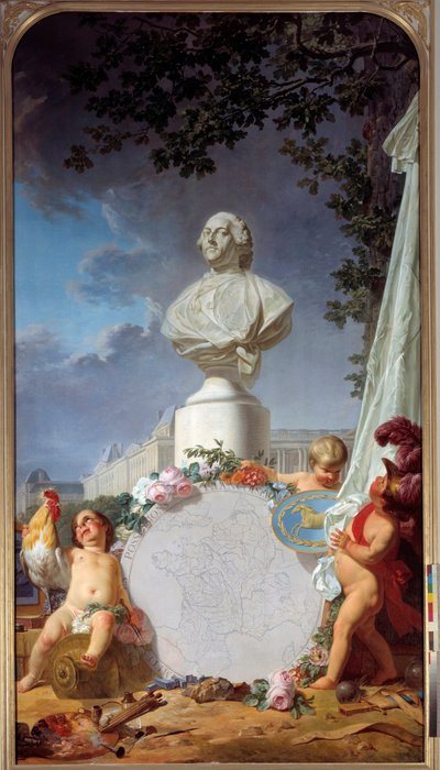 Gelehrtes Europa - Allegorische Darstellung des Ruhms Frankreichs, die Büste von Ludwig XVI. dominiert eine Karte der französischen Besitzungen von Jean Jacques Bachelier