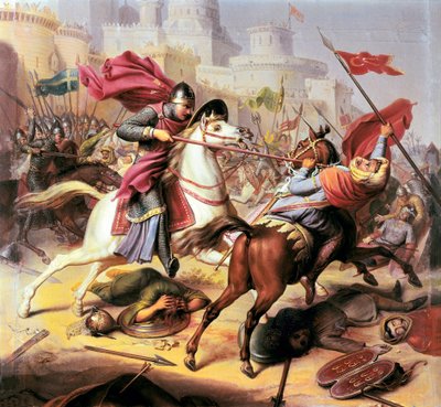 Erster Kreuzzug: Robert II. Herzog der Normandie kämpft gegen einen muslimischen Soldaten während der Belagerung von Antiochia 1098 - 1838 von Jean Joseph Dassy