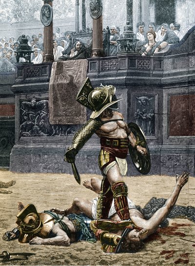 Gladiatoren in der römischen Arena. Zuschauer warnen den Sieger, seinen besiegten Gegner nicht zu verschonen und ihn zu töten. Gravur nach einem Detail des Gemäldes von Jean Leon Gerome von Jean Leon (after) Gerome