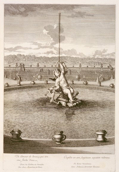 Brunnen mit Amor, der einen Wasserstrahlpfeil abschießt, entworfen von Louis Lerambert, in Versailles, 1677 von Jean Lepautre