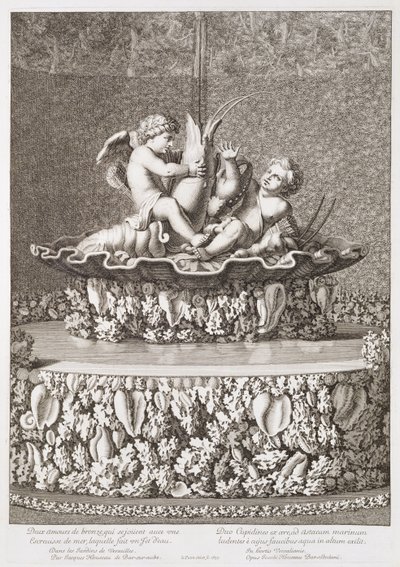 Brunnen mit zwei Amoren, die auf einem Flusskrebs reiten, entworfen von Jacques Houseau, in Versailles, 1677 von Jean Lepautre