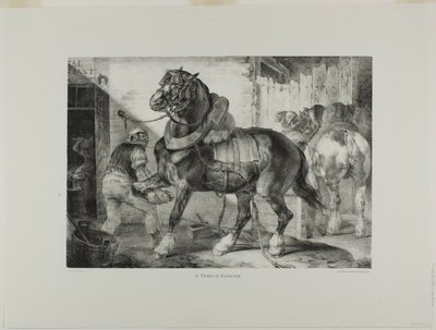 Ein französischer Hufschmied, Tafel 12 aus Verschiedene Motive aus dem Leben und auf Stein gezeichnet (Die englische Suite) von Jean Louis André Théodore Géricault