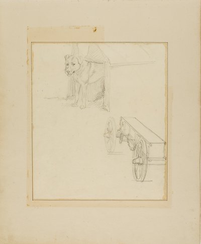 Hund im Hundehäuschen stehend und Studie eines Munitionswagens von Jean Louis André Théodore Géricault