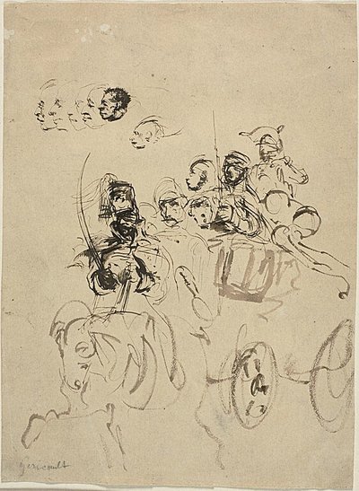 Napoleonische Armeekutsche mit Skizzen von Köpfen von Jean Louis André Théodore Géricault