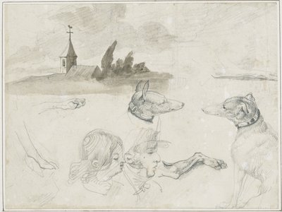 Blatt mit Skizzen: Windhunde; Ein männlicher und ein weiblicher Kopf von Jean Louis André Théodore Géricault