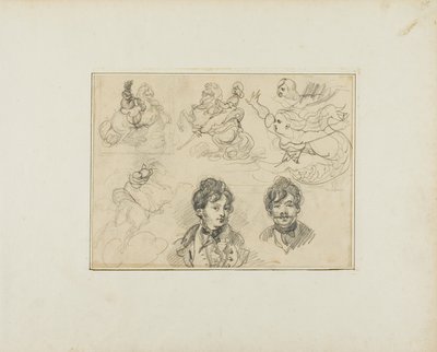 Blatt mit Skizzen: Reiter, Meerjungfrauen und zwei Porträts junger Männer von Jean Louis André Théodore Géricault