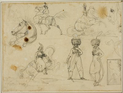 Blatt mit Skizzen: Soldaten, Pferde und eine Landschaft von Jean Louis André Théodore Géricault