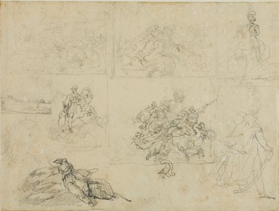 Skizzen einer Kavallerieschlacht, Soldaten und einer Landschaft von Jean Louis André Théodore Géricault