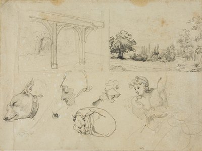 Skizzen eines Schuppens, einer Landschaft, Hunde und verschiedene Figuren von Jean Louis André Théodore Géricault