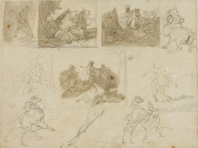 Skizzen einer Kavallerieschlacht und Studien eines Zugpferdes von Jean Louis André Théodore Géricault