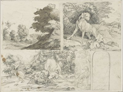 Skizzen eines bewaldeten Ortes, Hunde und Fasane in der Landschaft von Jean Louis André Théodore Géricault