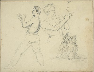 Studien von Boxern und Skizze eines Reiters mit zwei Begleitern von Jean Louis André Théodore Géricault