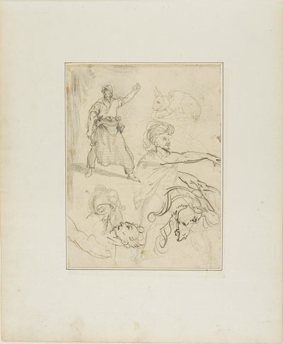 Studien eines Schmieds und eines Pferdekopfes mit Skizzen anderer Figuren und eines Kaninchens von Jean Louis André Théodore Géricault