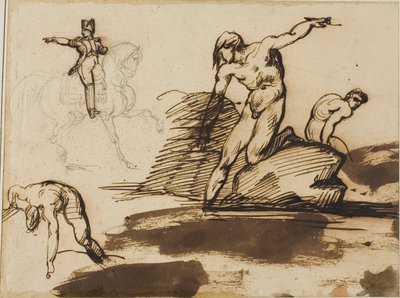 Studie von Napoleon zu Pferd mit Skizzen von Akten zwischen Felsen von Jean Louis André Théodore Géricault