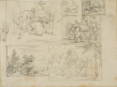 Drei Studien mit Skizzen einer bewaldeten Landschaft und einer Kavallerieschlacht von Jean Louis André Théodore Géricault