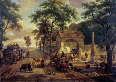 Landschaftsstraße mit Bauernwagen, Herden und Hirten von Jean Louis Demarne