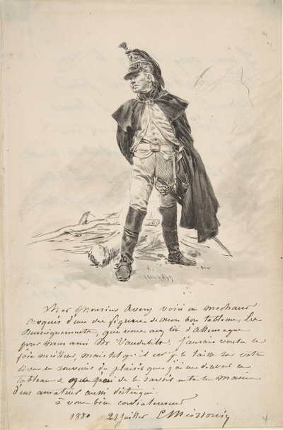 Brief an Samuel P. Avery mit einer Zeichnung einer Militärfigur, 1880 von Jean Louis Ernest Meissonier