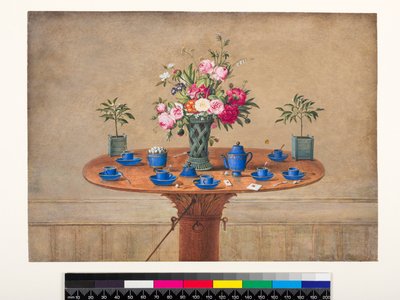 Stillleben mit einer Vase Blumen und einem Teeservice, 1810 von Jean Louis Prevost