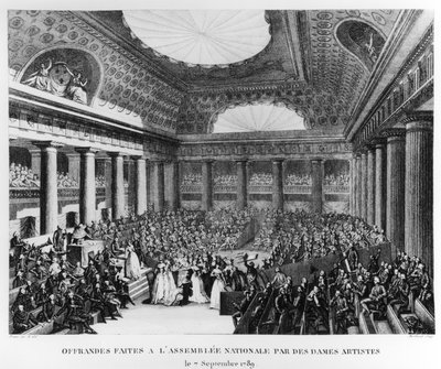 Opfergaben an die Nationalversammlung im Salle des Menus-Plaisirs von Künstlerinnen, 7. September 1789, graviert von Pierre Gabriel Berthault (1737-1831) von Jean Louis Prieur