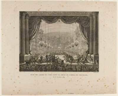 Fest der Leibwächter, Flandern-Regimenter, Montmorency-Dragoner und Nationalgarden von Versailles. Sie treten auf die Nationalkokarde und zeigen die schwarze Kokarde, ein Zeichen der "Aristokratischen Konföderation" von Jean Louis the Younger Prieur