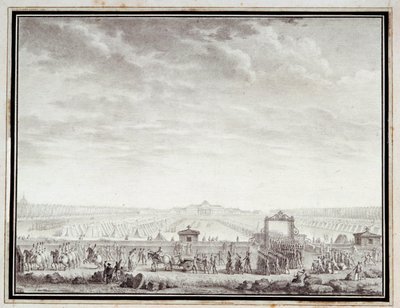 Französische Revolution: „Die Truppen des Champ-de-Mars auf dem Weg zum Place Louis XV: 12. Juli 1789“ Zeichnung in Tinte und Waschung von Jean-Louis Prieur 18. Jahrhundert. Paris, Musee Carnavalet von Jean Louis the Younger Prieur