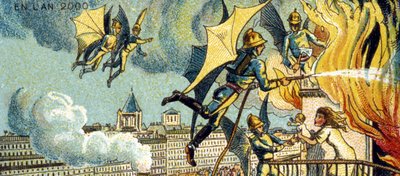 Fliegender Feuerwehrmann. Aus der Serie Visionen des Jahres 2000, 1899 von Jean Marc Côté