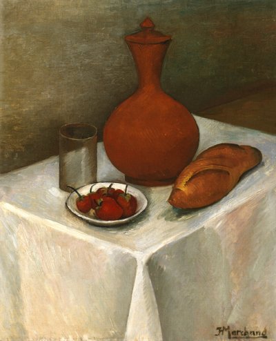 Stillleben mit irdenem Krug, Brot und Erdbeeren von Jean Marchand