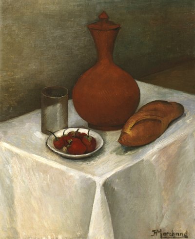Stillleben mit Irdenwarekrug, Brot und Erdbeeren von Jean Marchand