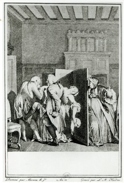 Der Baron... begrüßte Candide mit einigen bemerkenswerten Tritten auf den Hintern und warf ihn hinaus, Illustration aus Kapitel 1 von Candide von François Voltaire (1694-1778), graviert von Louis Michel Halbou von Jean Michel the Younger Moreau