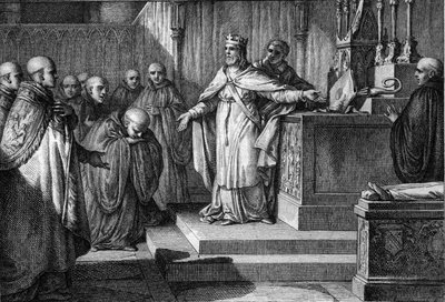 Hugues Capet stellte die kanonischen Wahlen wieder her: Der König der Franken erlaubte den Mönchen, ihre Äbte zu wählen, indem er einen Bischofsstab und eine Mitra auf einen Altar legte. Gravur von Jean Michel Moreau, genannt Moreau le Jeune. von Jean Michel the Younger Moreau